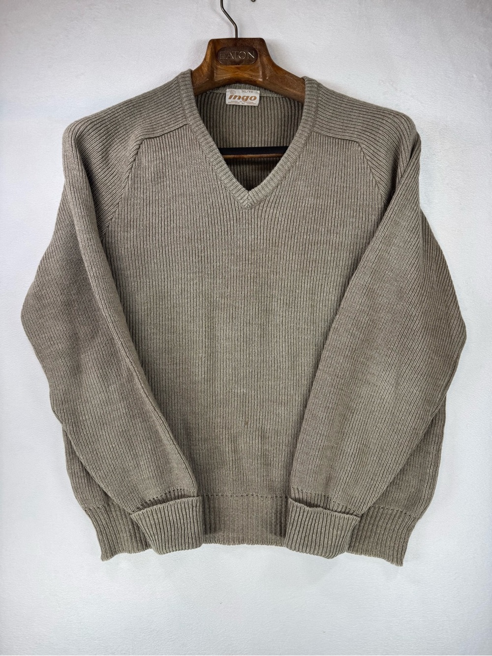 Ingo Canada Vintage Classic V-Neck Sweater in Taupe Wool XL